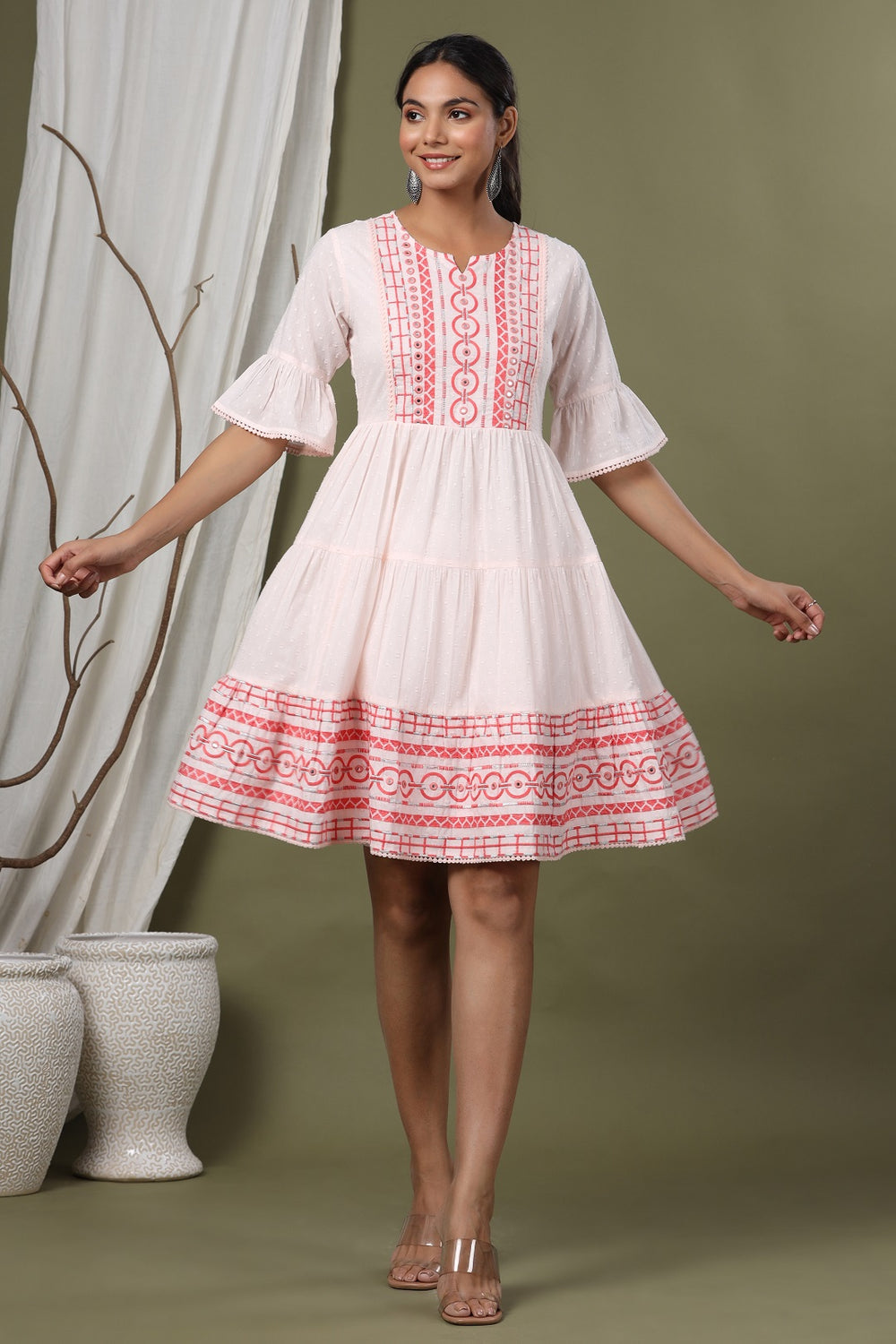 Juniper Peach Cotton Dobby Festive Embroidered Tiered Dress For Women | Grocsy