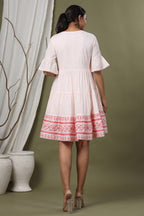 Juniper Peach Cotton Dobby Festive Embroidered Tiered Dress For Women | Grocsy
