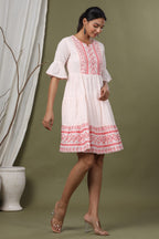 Juniper Peach Cotton Dobby Festive Embroidered Tiered Dress For Women | Grocsy