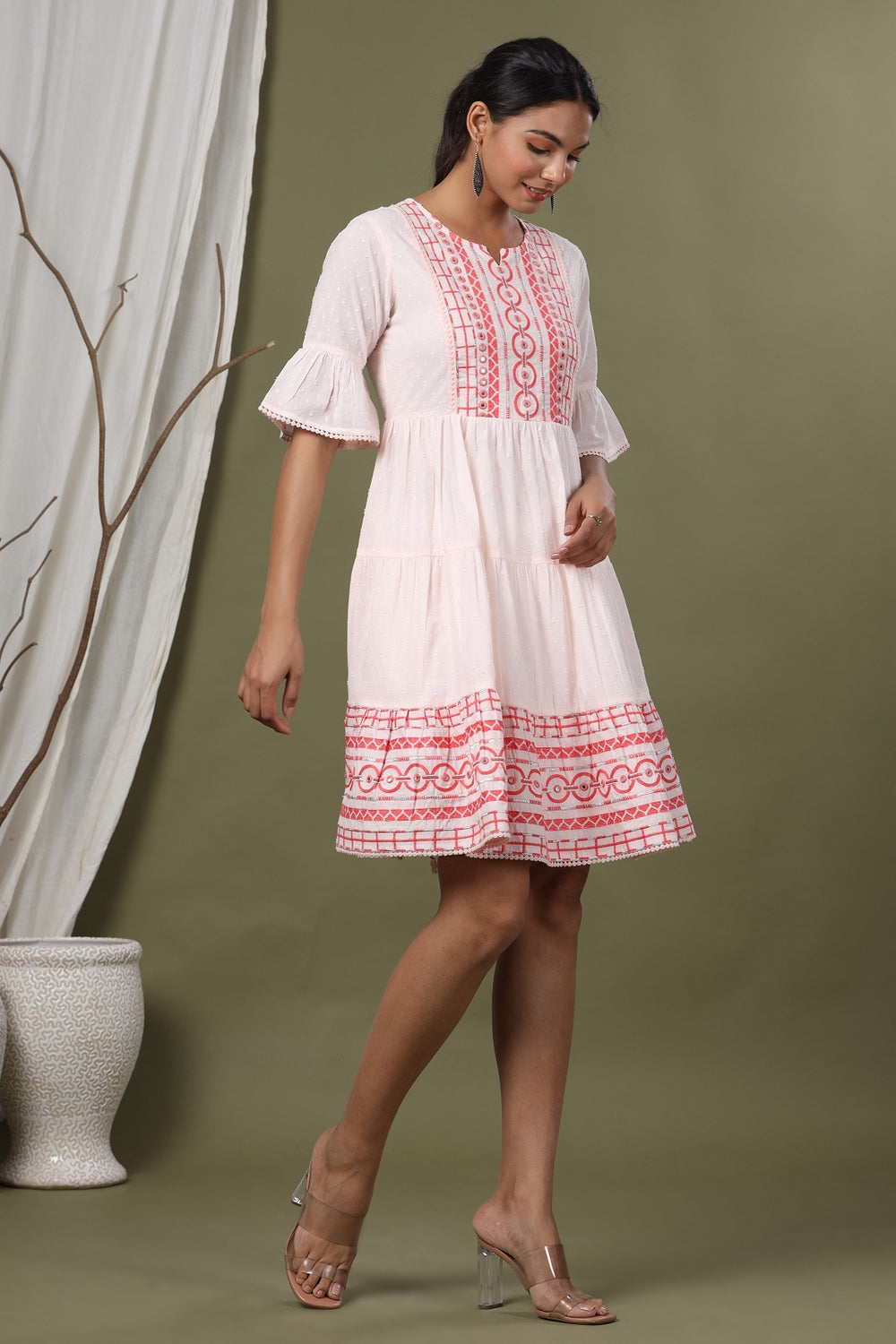 Juniper Peach Cotton Dobby Festive Embroidered Tiered Dress For Women | Grocsy