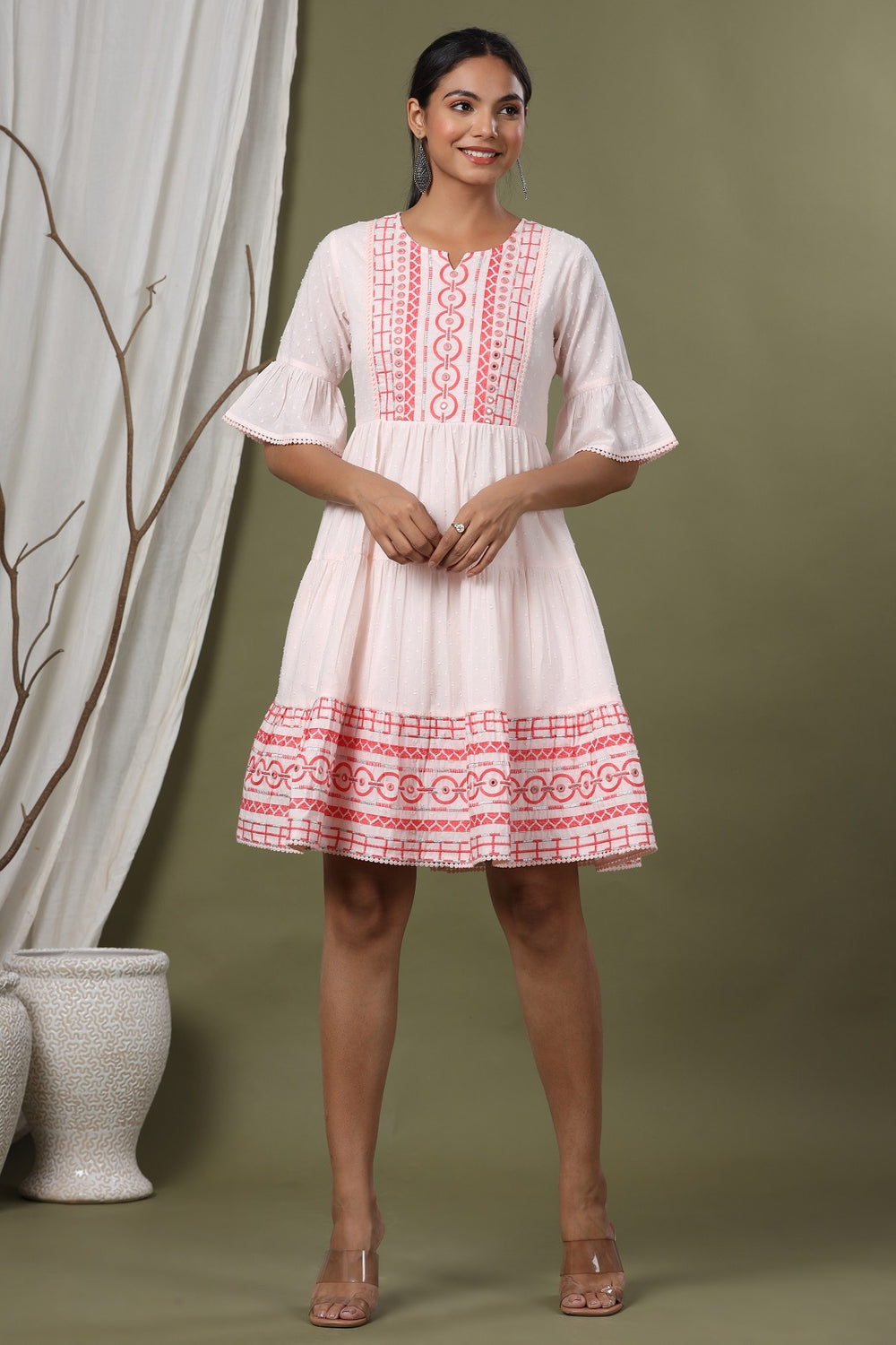 Juniper Peach Cotton Dobby Festive Embroidered Tiered Dress For Women | Grocsy