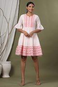Juniper Peach Cotton Dobby Festive Embroidered Tiered Dress For Women | Grocsy