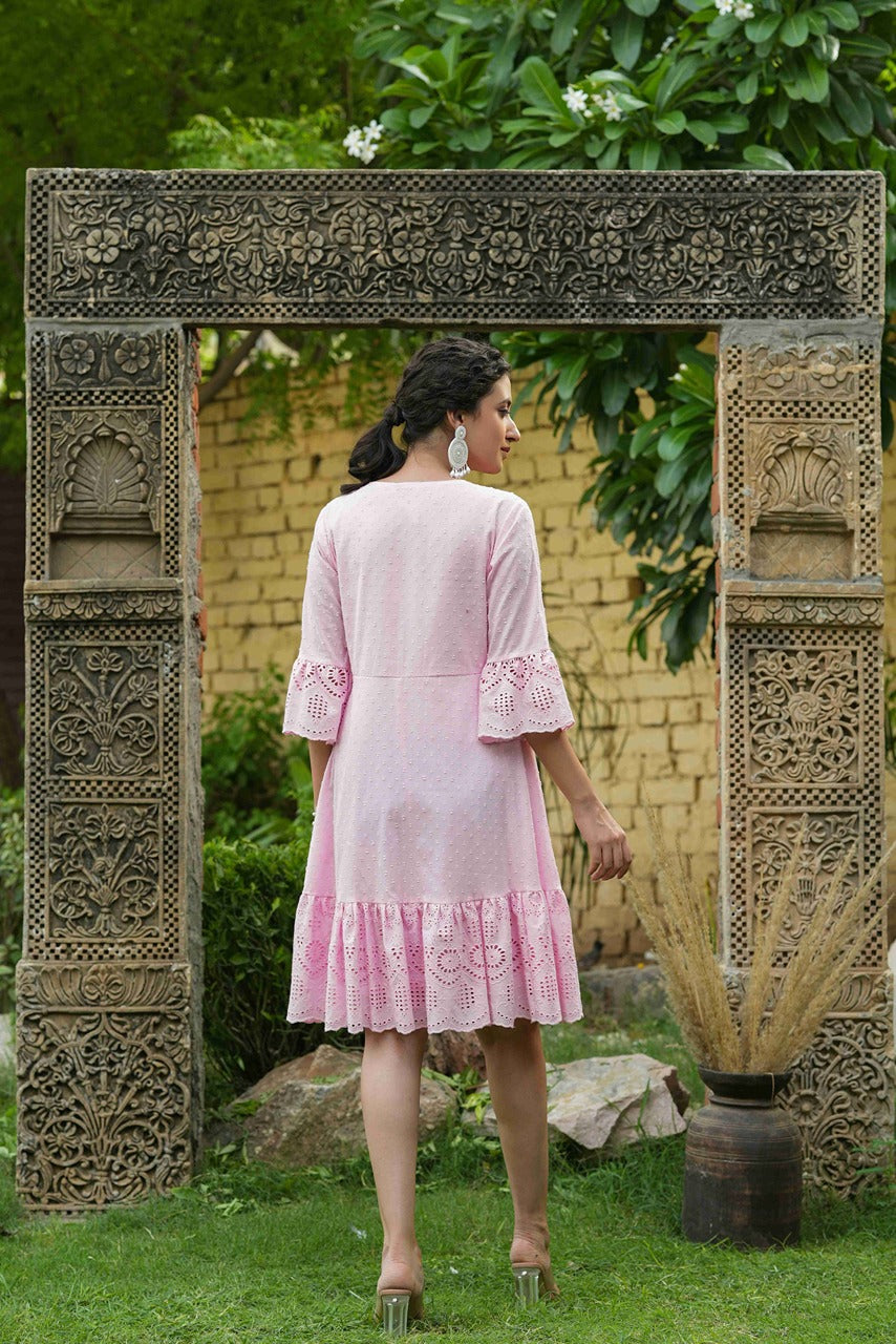 Juniper Pink Cotton Dobby Festive Embroidered Tiered Dress For Women | Grocsy