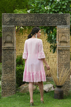 Juniper Pink Cotton Dobby Festive Embroidered Tiered Dress For Women | Grocsy