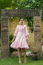 Juniper Pink Cotton Dobby Festive Embroidered Tiered Dress For Women | Grocsy