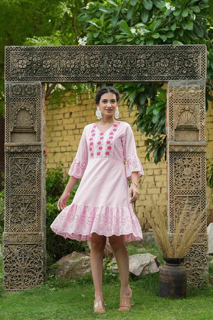 Juniper Pink Cotton Dobby Festive Embroidered Tiered Dress For Women | Grocsy