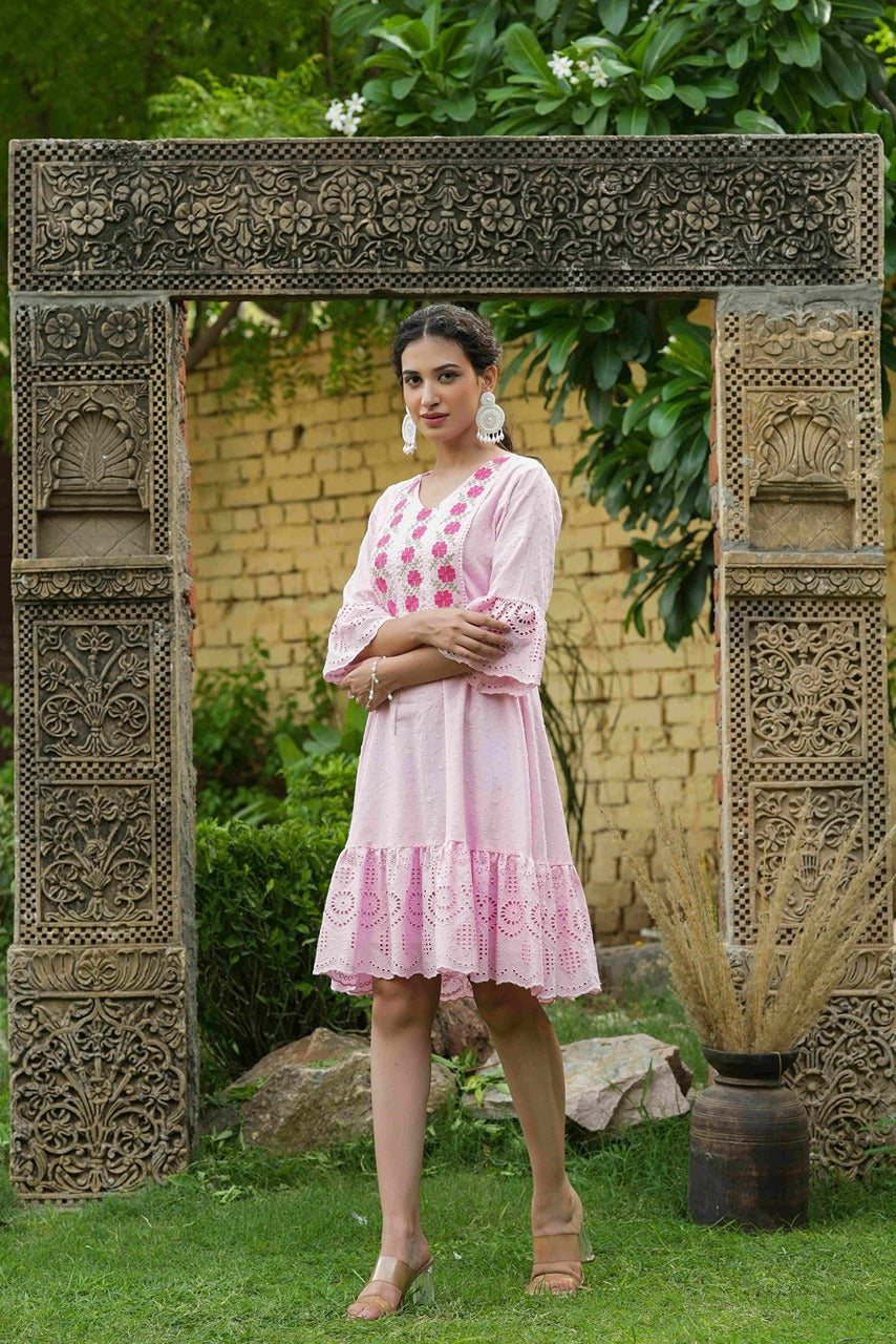 Juniper Pink Cotton Dobby Festive Embroidered Tiered Dress For Women | Grocsy