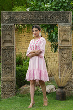 Juniper Pink Cotton Dobby Festive Embroidered Tiered Dress For Women | Grocsy