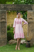 Juniper Pink Cotton Dobby Festive Embroidered Tiered Dress For Women | Grocsy