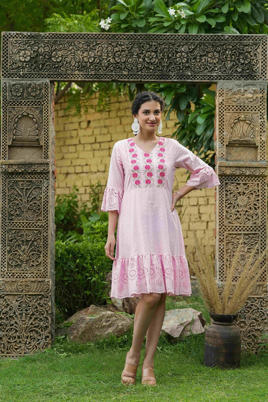 Juniper Pink Cotton Dobby Festive Embroidered Tiered Dress For Women | Grocsy