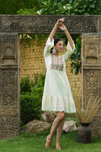 Juniper Pista Green Cotton Dobby Festive Embroidered Tiered Dress For Women | Grocsy
