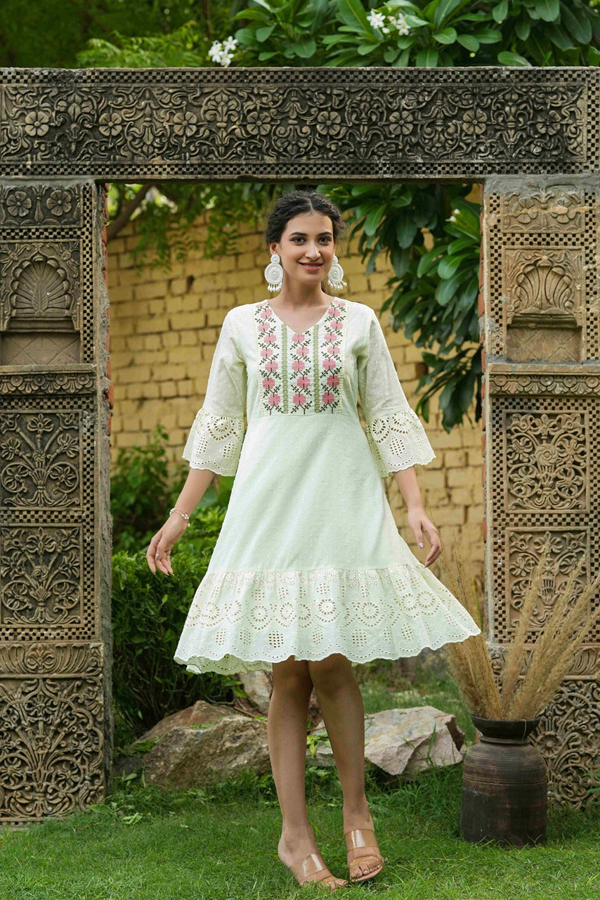 Juniper Pista Green Cotton Dobby Festive Embroidered Tiered Dress For Women | Grocsy