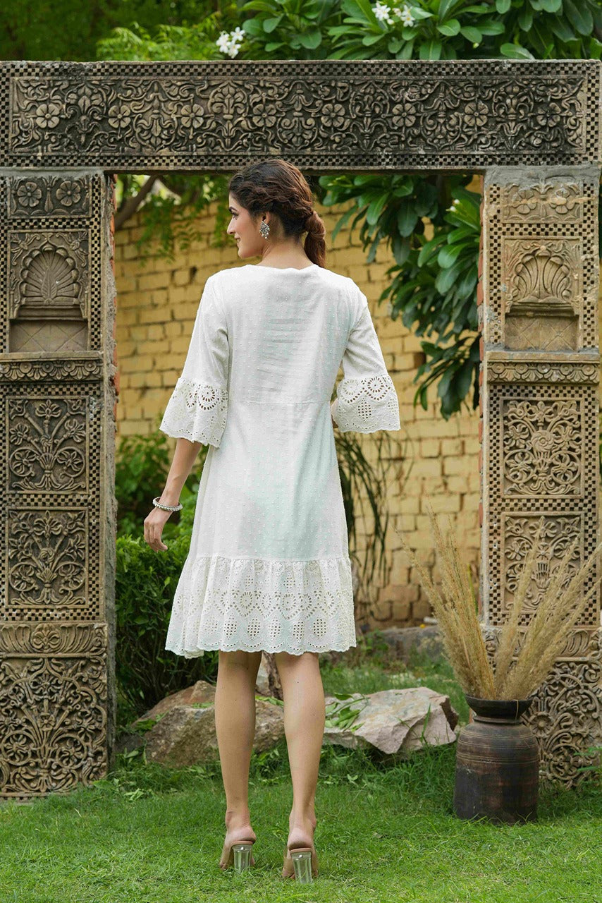 Juniper White Cotton Dobby Festive Embroidered Tiered Dress For Women | Grocsy