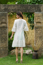 Juniper White Cotton Dobby Festive Embroidered Tiered Dress For Women | Grocsy