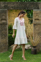 Juniper White Cotton Dobby Festive Embroidered Tiered Dress For Women | Grocsy