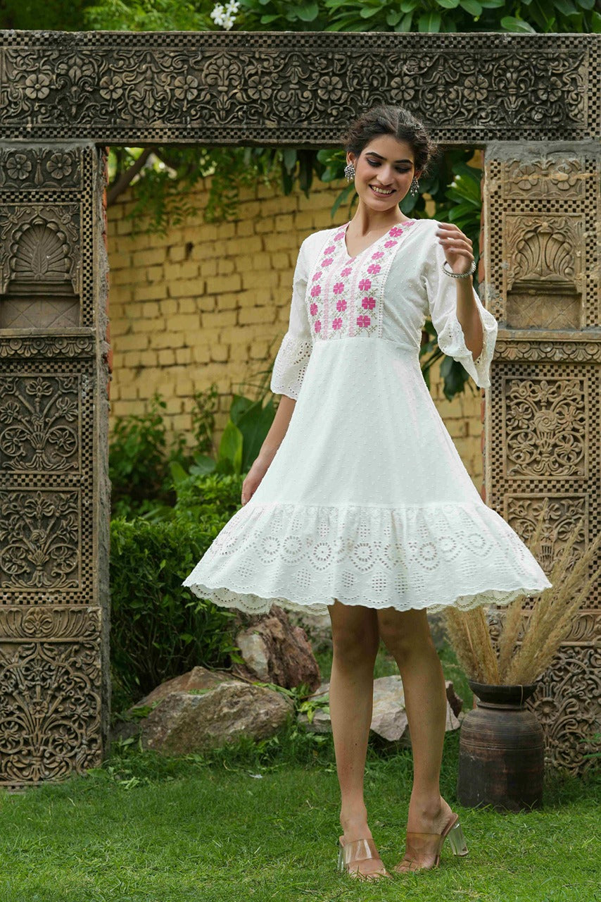 Juniper White Cotton Dobby Festive Embroidered Tiered Dress For Women | Grocsy