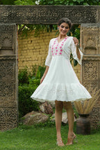 Juniper White Cotton Dobby Festive Embroidered Tiered Dress For Women | Grocsy
