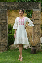 Juniper White Cotton Dobby Festive Embroidered Tiered Dress For Women | Grocsy