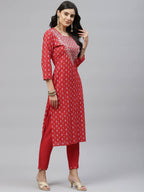 HERE&NOW Women Red Embroidered Straight Kurta with Trousers & With Dupatta | Grocsy