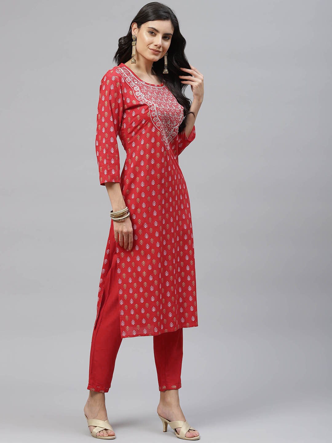 HERE&NOW Women Red Embroidered Straight Kurta with Trousers & With Dupatta | Grocsy