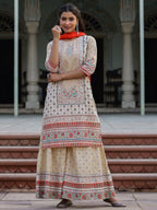 Juniper Women Beige Cotton Cambric Printed Kurta, Sharara & Dupatta Set | Grocsy
