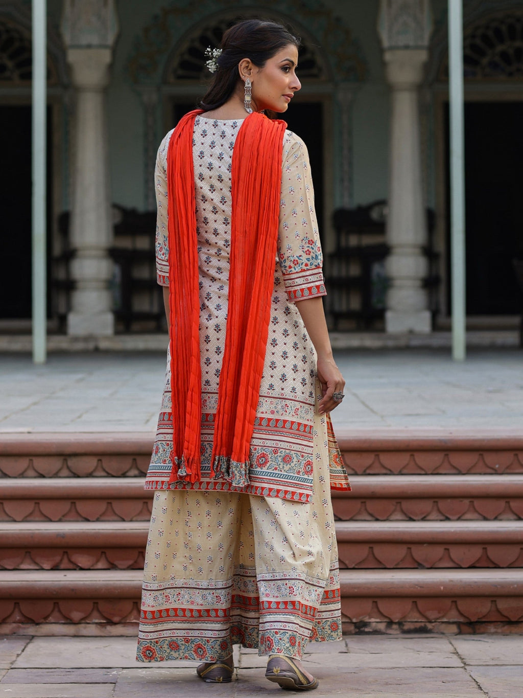 Juniper Women Beige Cotton Cambric Printed Kurta, Sharara & Dupatta Set | Grocsy