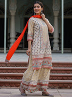 Juniper Women Beige Cotton Cambric Printed Kurta, Sharara & Dupatta Set | Grocsy