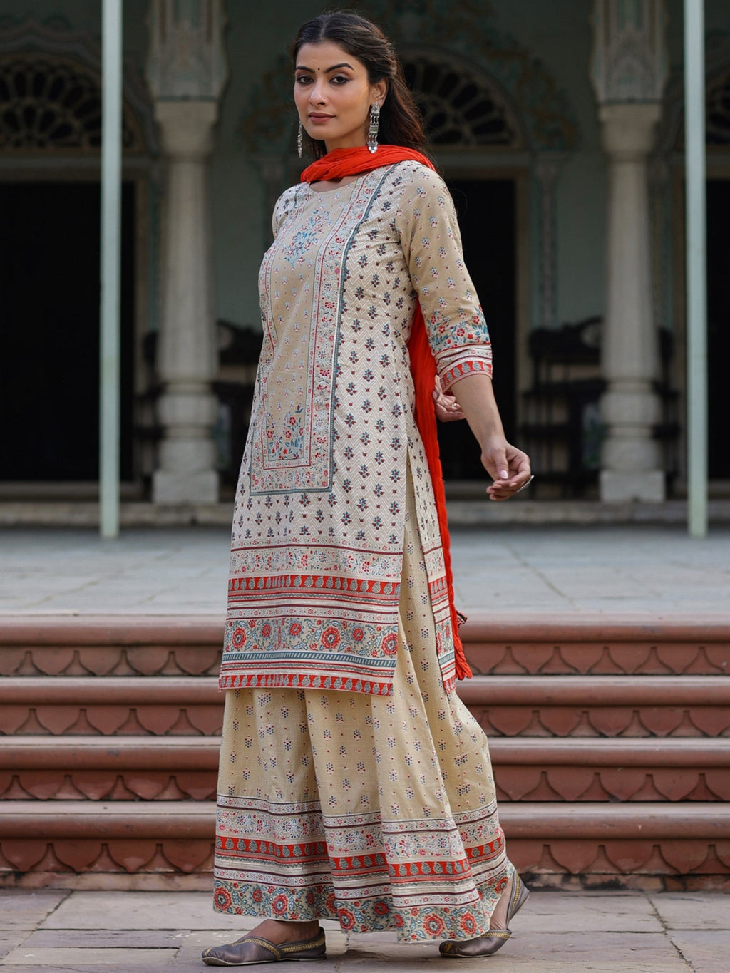 Juniper Women Beige Cotton Cambric Printed Kurta, Sharara & Dupatta Set | Grocsy