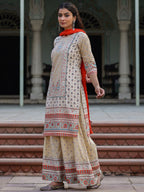 Juniper Women Beige Cotton Cambric Printed Kurta, Sharara & Dupatta Set | Grocsy