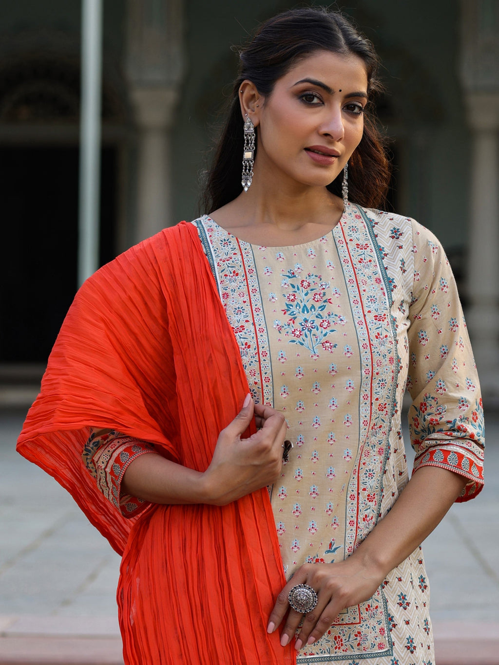 Juniper Women Beige Cotton Cambric Printed Kurta, Sharara & Dupatta Set | Grocsy