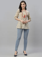 Juniper Beige Cambric Casual Wear Printed A-Line Tunic | Grocsy