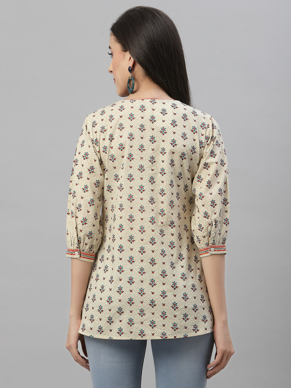 Juniper Beige Cambric Casual Wear Printed A-Line Tunic | Grocsy