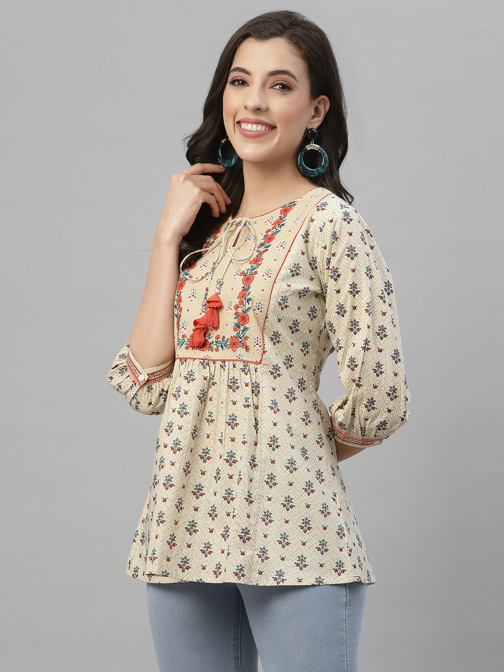 Juniper Beige Cambric Casual Wear Printed A-Line Tunic | Grocsy