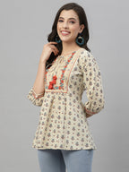 Juniper Beige Cambric Casual Wear Printed A-Line Tunic | Grocsy