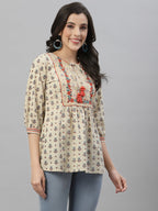 Juniper Beige Cambric Casual Wear Printed A-Line Tunic | Grocsy
