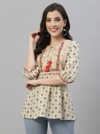Juniper Beige Cambric Casual Wear Printed A-Line Tunic | Grocsy