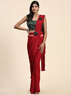 Red Imported Fabric Plain Ready to wear Saree with stitched Blouse - Vrinda | Grocsy