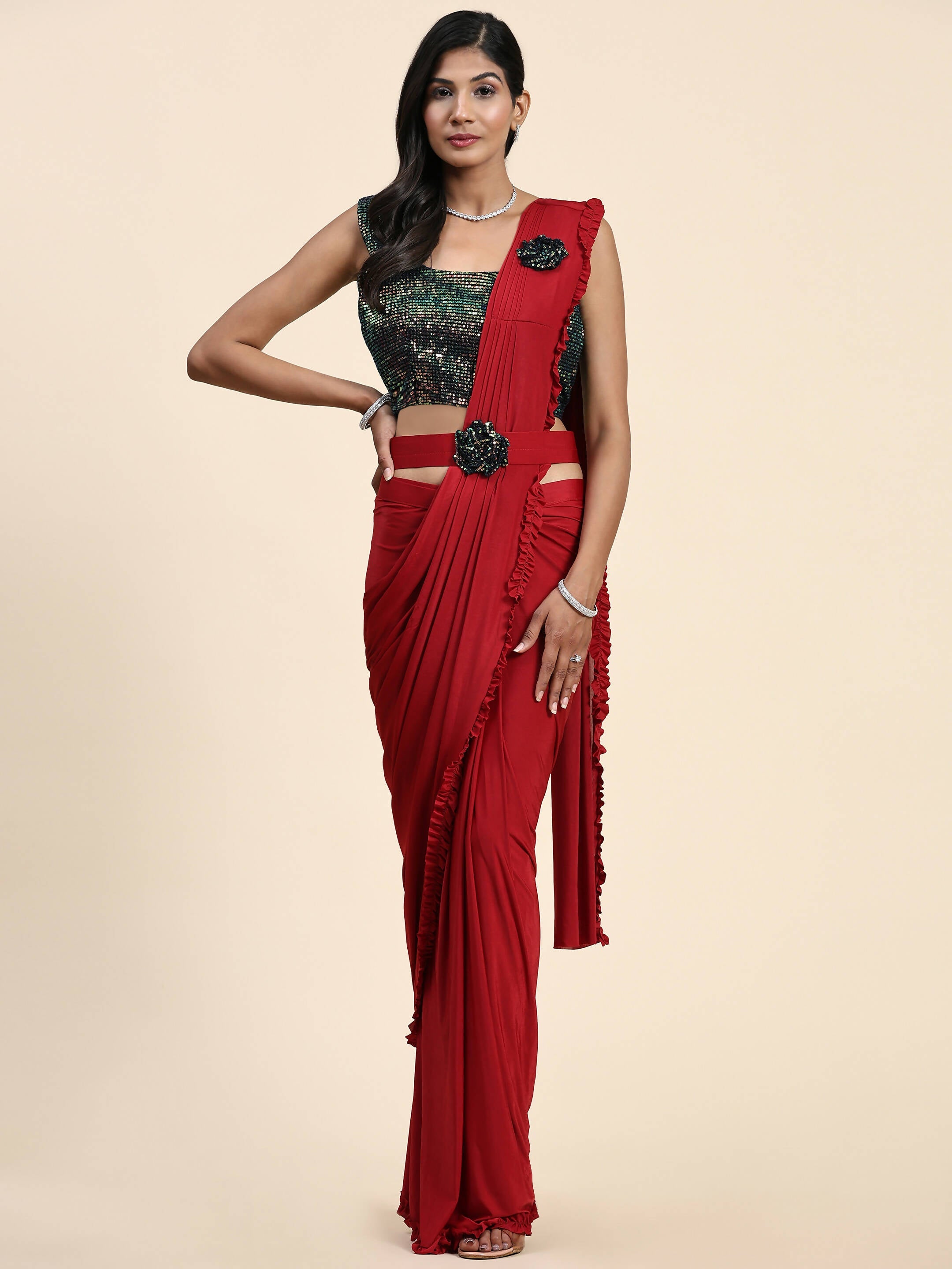 Red Imported Fabric Plain Ready to wear Saree with stitched Blouse - Vrinda | Grocsy