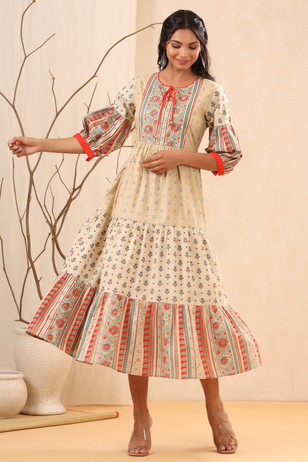 Juniper Beige Cambric Festive Printed Tiered Long Dress For Women | Grocsy