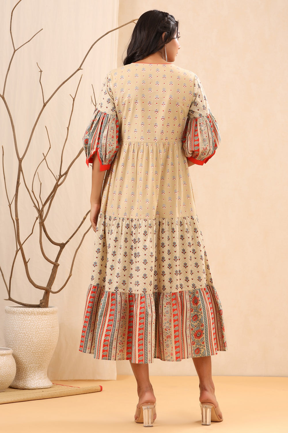Juniper Beige Cambric Festive Printed Tiered Long Dress For Women | Grocsy