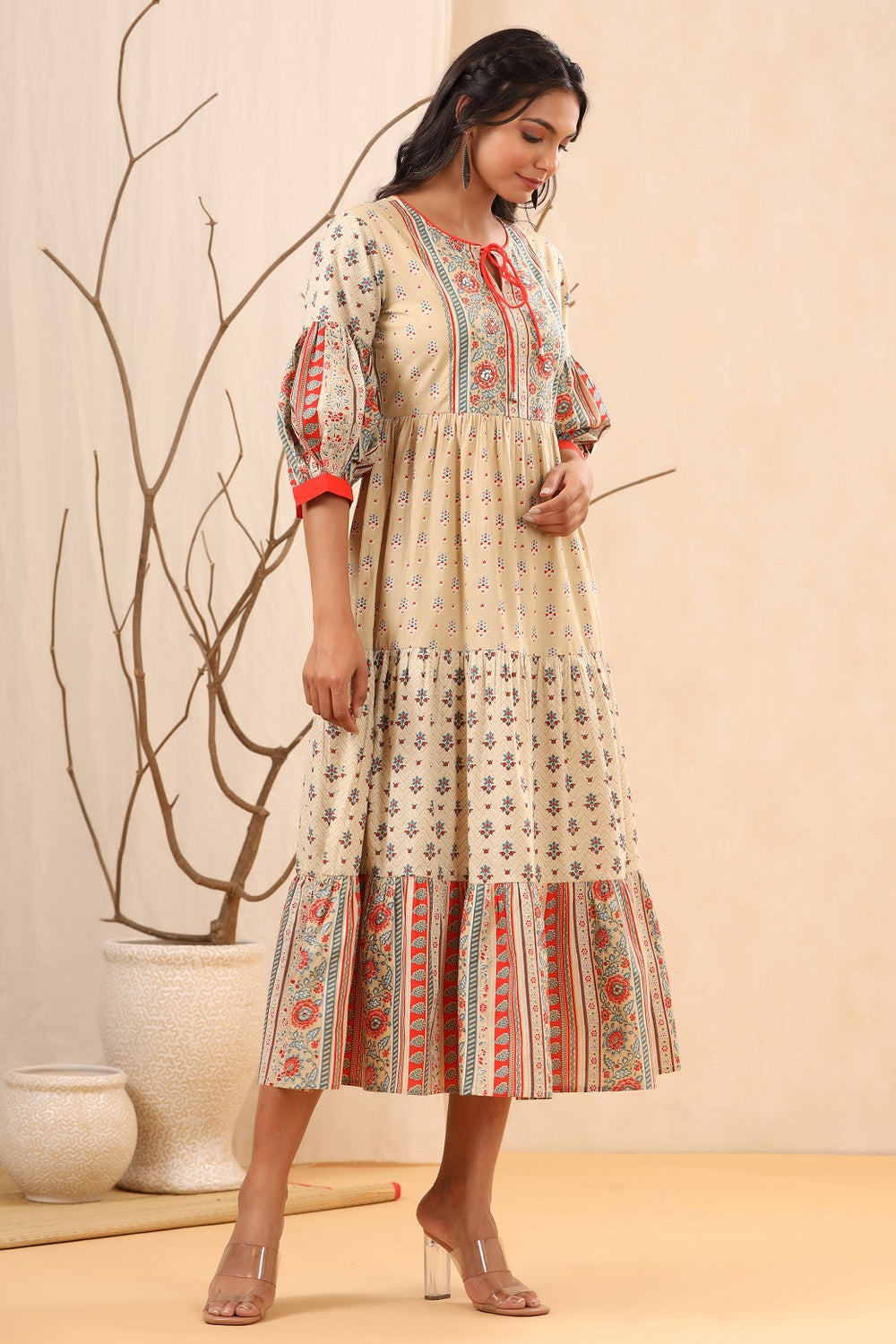 Juniper Beige Cambric Festive Printed Tiered Long Dress For Women | Grocsy