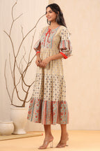 Juniper Beige Cambric Festive Printed Tiered Long Dress For Women | Grocsy