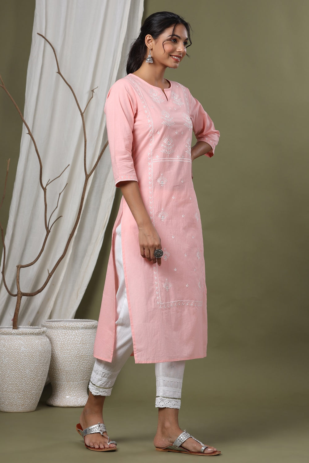 Juniper Pink Cambric Festive Embroidered Straight Kurta For Women | Grocsy