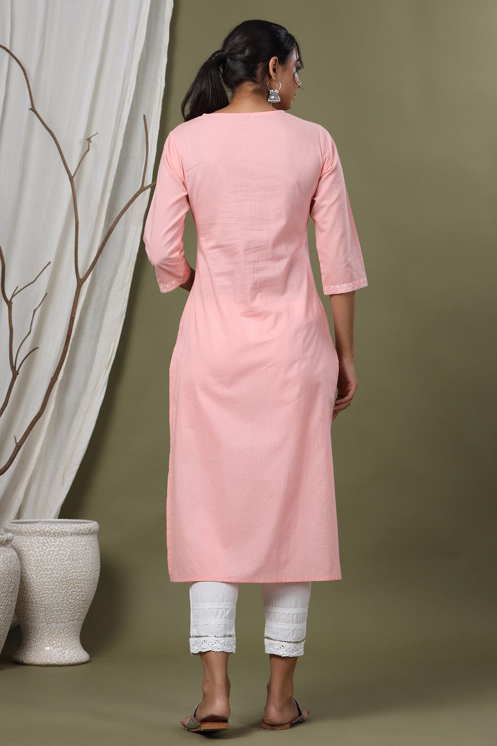 Juniper Pink Cambric Festive Embroidered Straight Kurta For Women | Grocsy