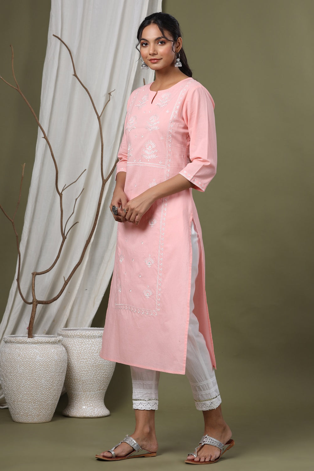 Juniper Pink Cambric Festive Embroidered Straight Kurta For Women | Grocsy