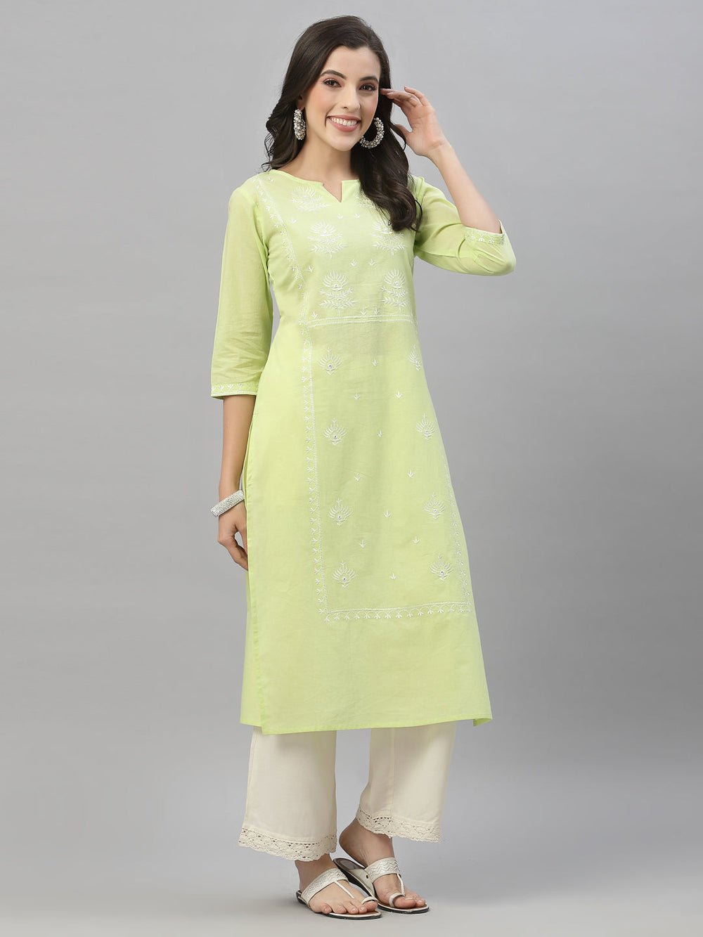 Juniper Pista Green Cambric Festive Embroidered Straight Kurta For Women | Grocsy