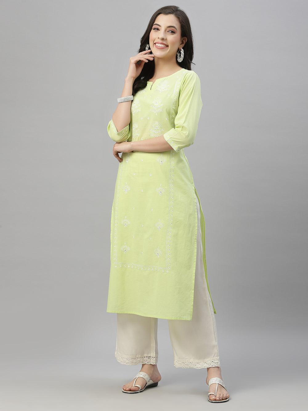 Juniper Pista Green Cambric Festive Embroidered Straight Kurta For Women | Grocsy