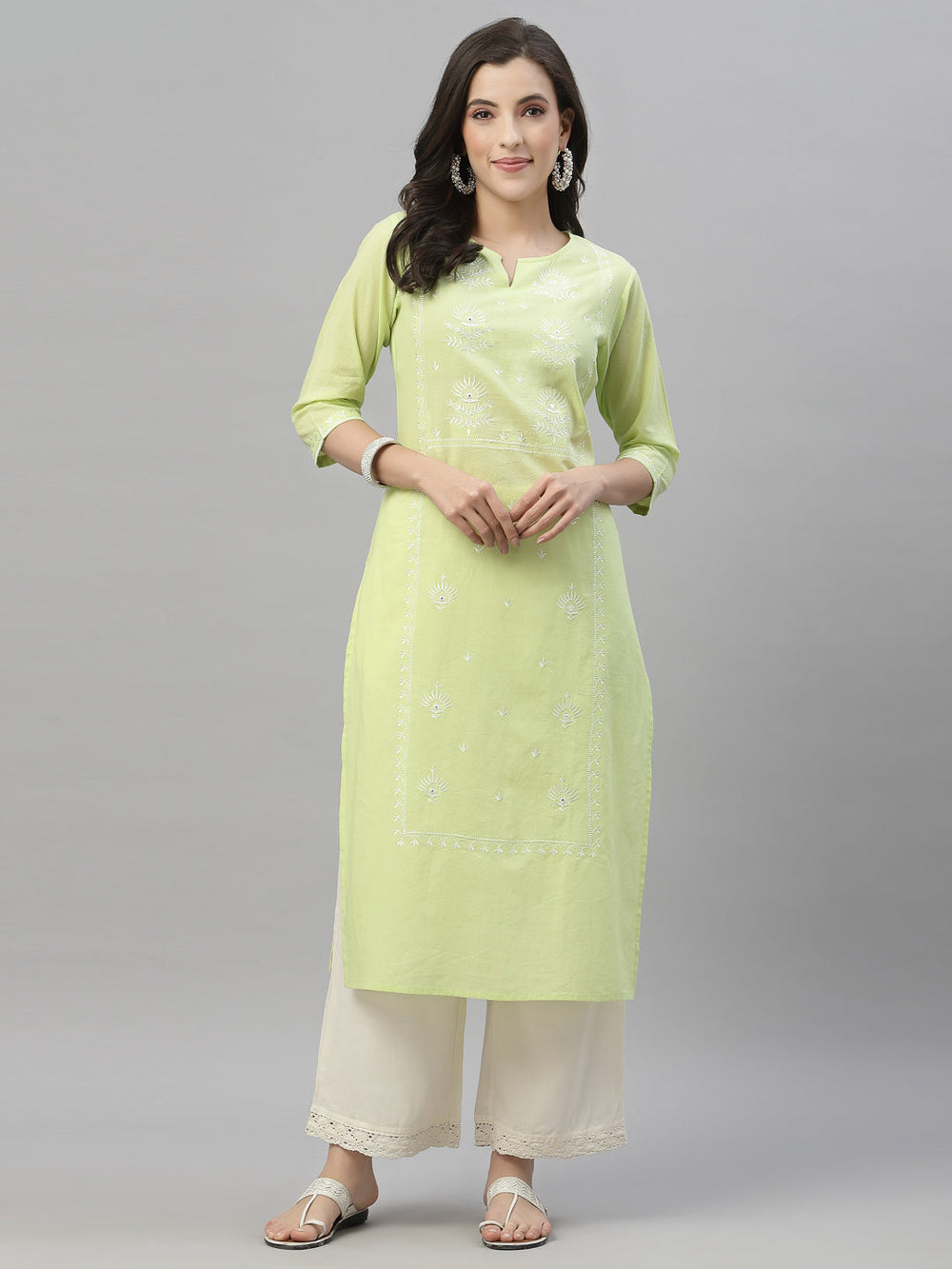 Juniper Pista Green Cambric Festive Embroidered Straight Kurta For Women | Grocsy