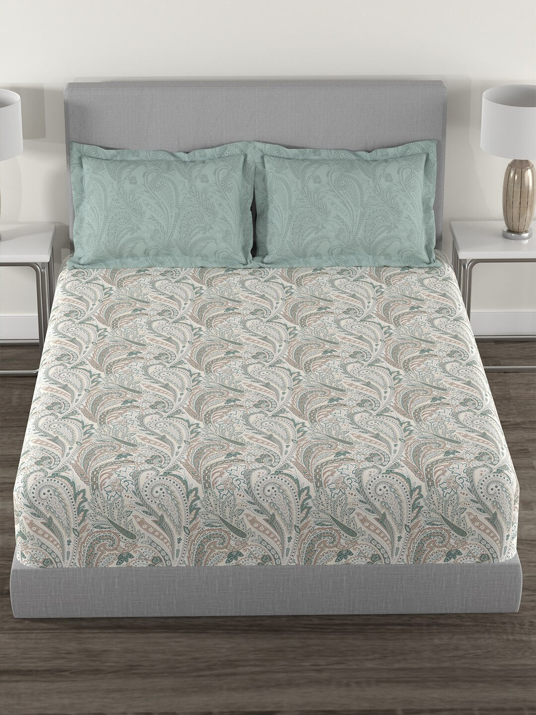 MYTRIDENT Green White Ethnic Motifs Cotton 144 TC Queen Bedsheet With 2 Pillow Covers | Grocsy