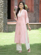 Juniper Peach Cambric Festive Embroidered Straight Kurta For Women | Grocsy